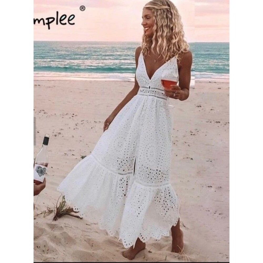 Simplee Dress XL White Eyelet Lace Maxi V-neck 100% Cotton Boho Wedding